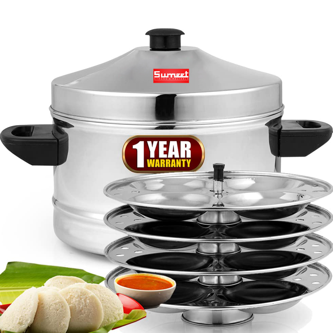 1 Sumeet 4 Plate 16 Idli Stainless Steel Idly Cooker Maker Pot, Induction and Gas Stove Compatible (BIC4 16 Idlies) 4-Plates